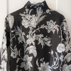 CYNTHIA ROWLEY Funnel Neck Long Sleeves Floral Sweater - Black/Grey/White - Med
